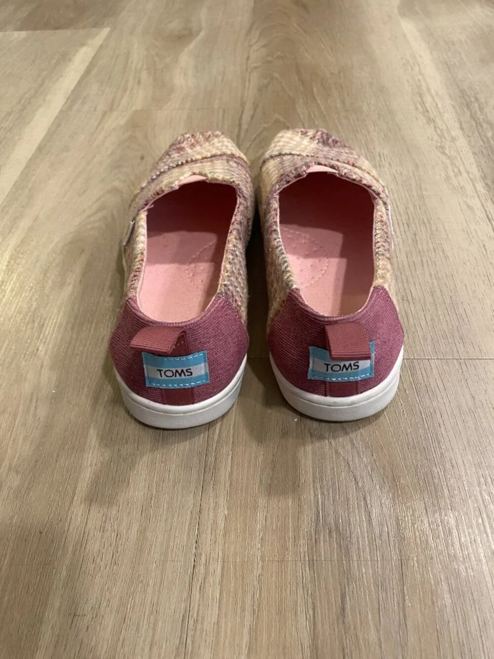 TOMS Kids Alpargata Slip On Shoes Pink Tweed Glitter Plaid Size 2.5